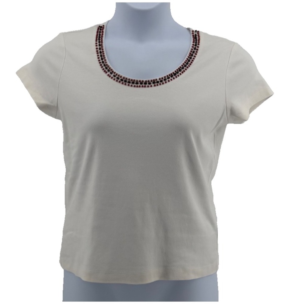 100%Cotton Beaded Neck Tee Women's M Off White Short Sleeve Top Ann Trinity